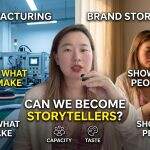Infographic comparing Chinese manufacturing capacity with brand storytelling in the beauty tools industry, featuring a split-screen design of a factory assembly line and a lifestyle hairbrush usage scene