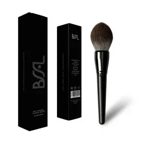 Professional tapered powder brush BR0102001701 by BSFL, featuring minimalist luxury matte black packaging for B2B wholesale.