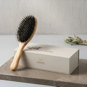 BSFL premium wooden hair brush with natural boar bristles, presented in a luxury gift box.