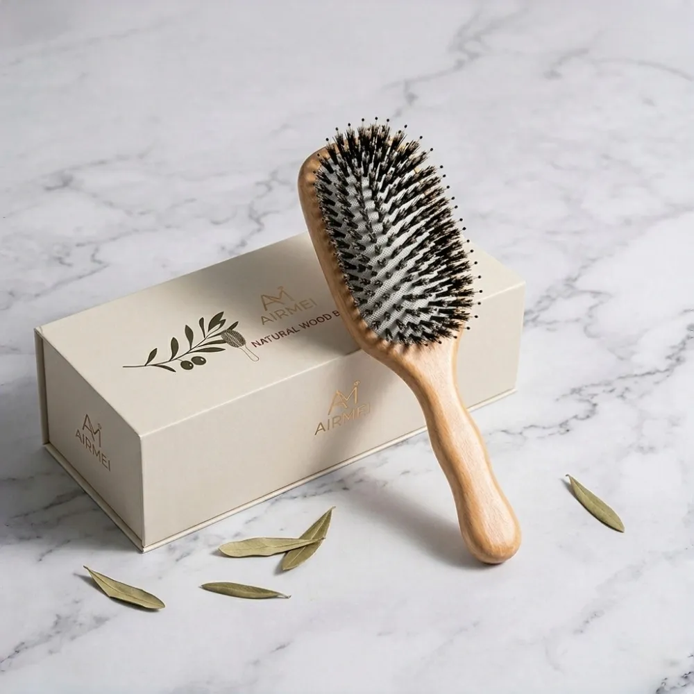 BSFL organic olive wood detangling hair brush set, elegant gift packaging.