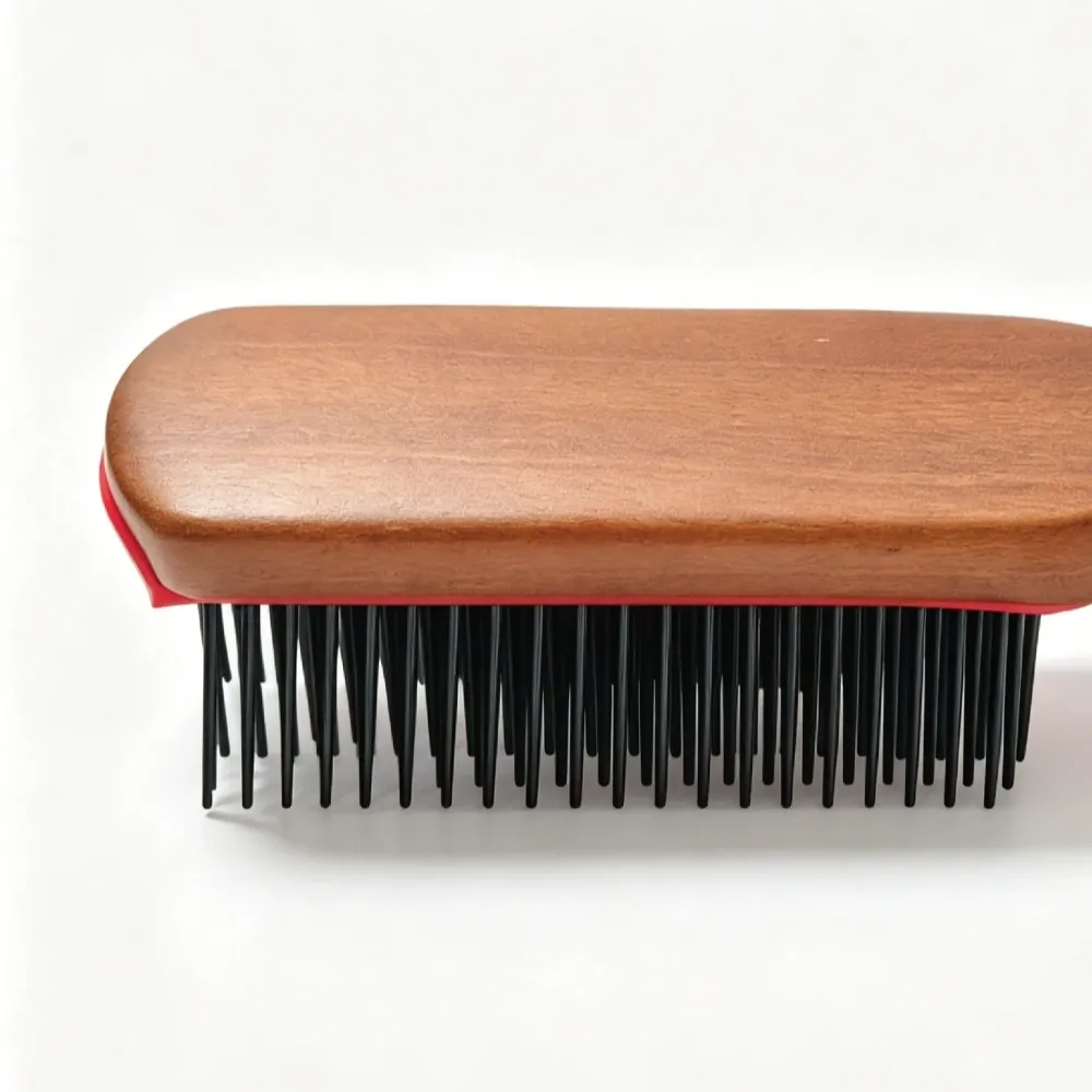 Smooth wooden back and red pad profile of BSFL styling hairbrush