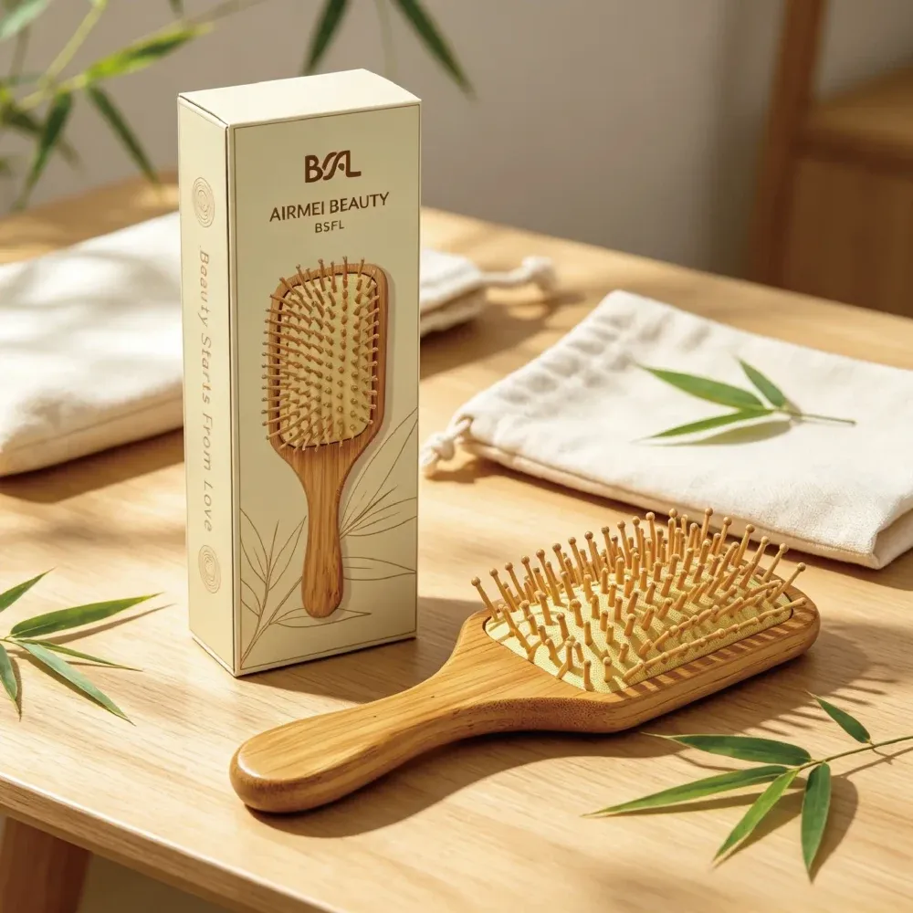BSFL bamboo paddle hairbrush with custom AIRMEI BEAUTY kraft retail packaging box