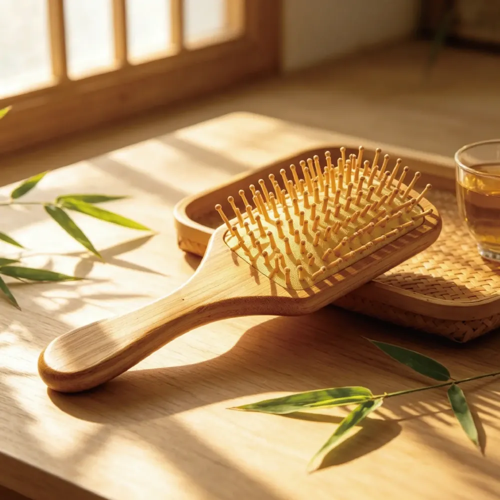 BSFL bamboo paddle hairbrush resting on wooden tray in morning sunlight