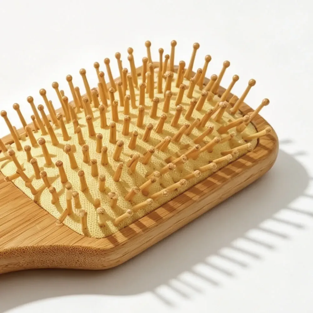 BSFL bamboo paddle hairbrush front view with smooth bamboo massage pins