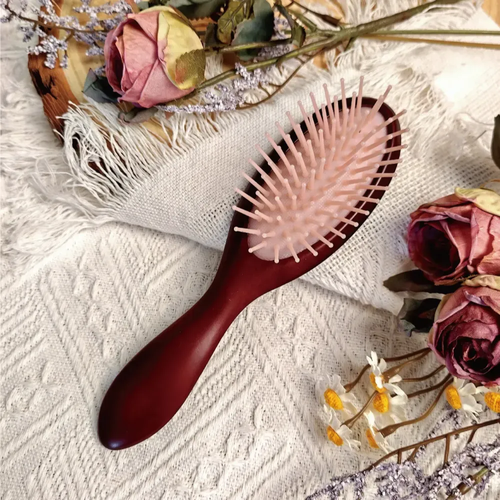 BSFL Beech Wood Cushion Hairbrush Pink Nylon Pins Mahogany Finish