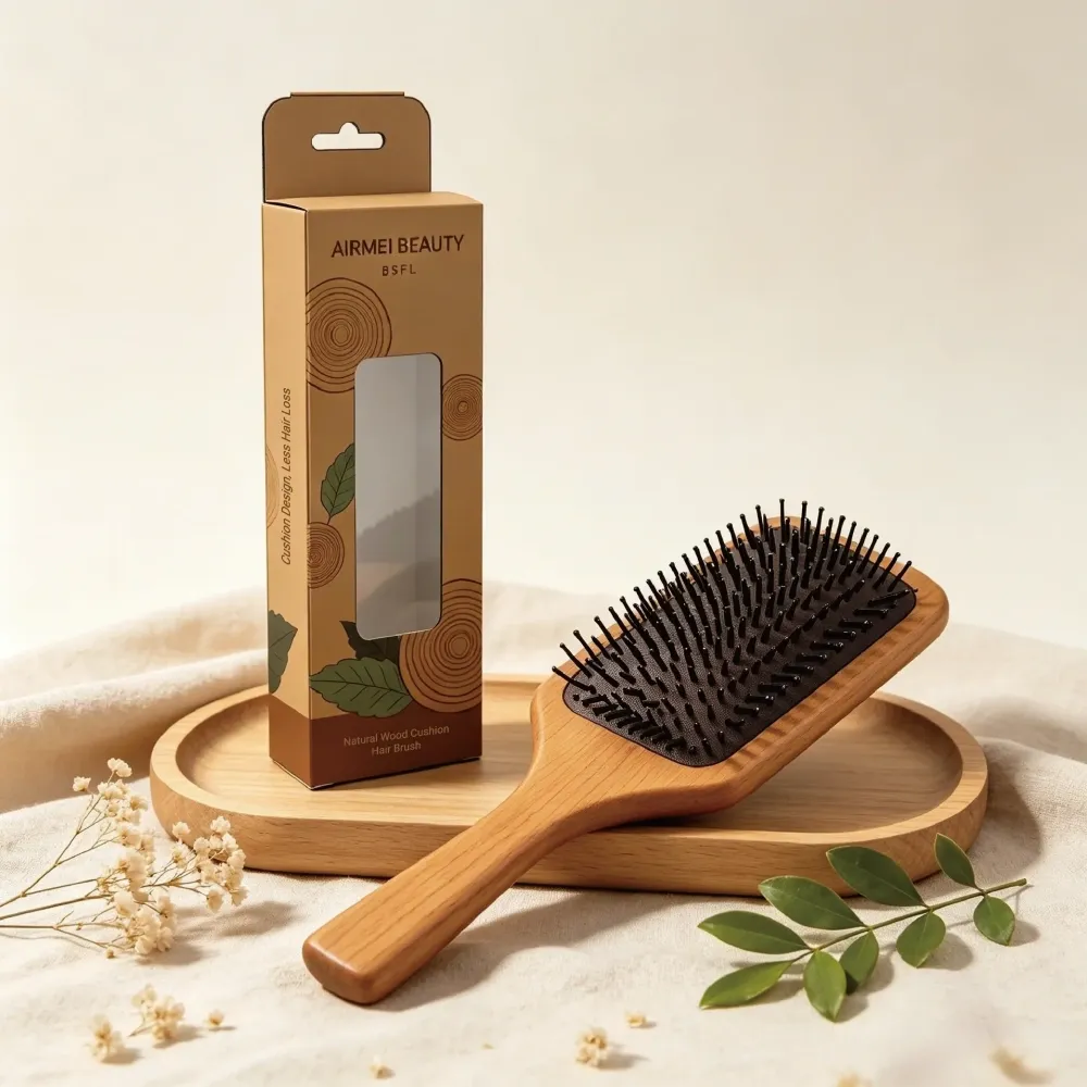 BSFL Natural Beech Wood Cushion Hairbrush with Nylon Pins