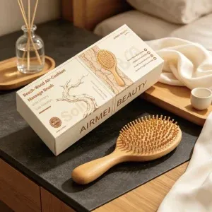 BSFL beech wood paddle hairbrush with custom packaging box