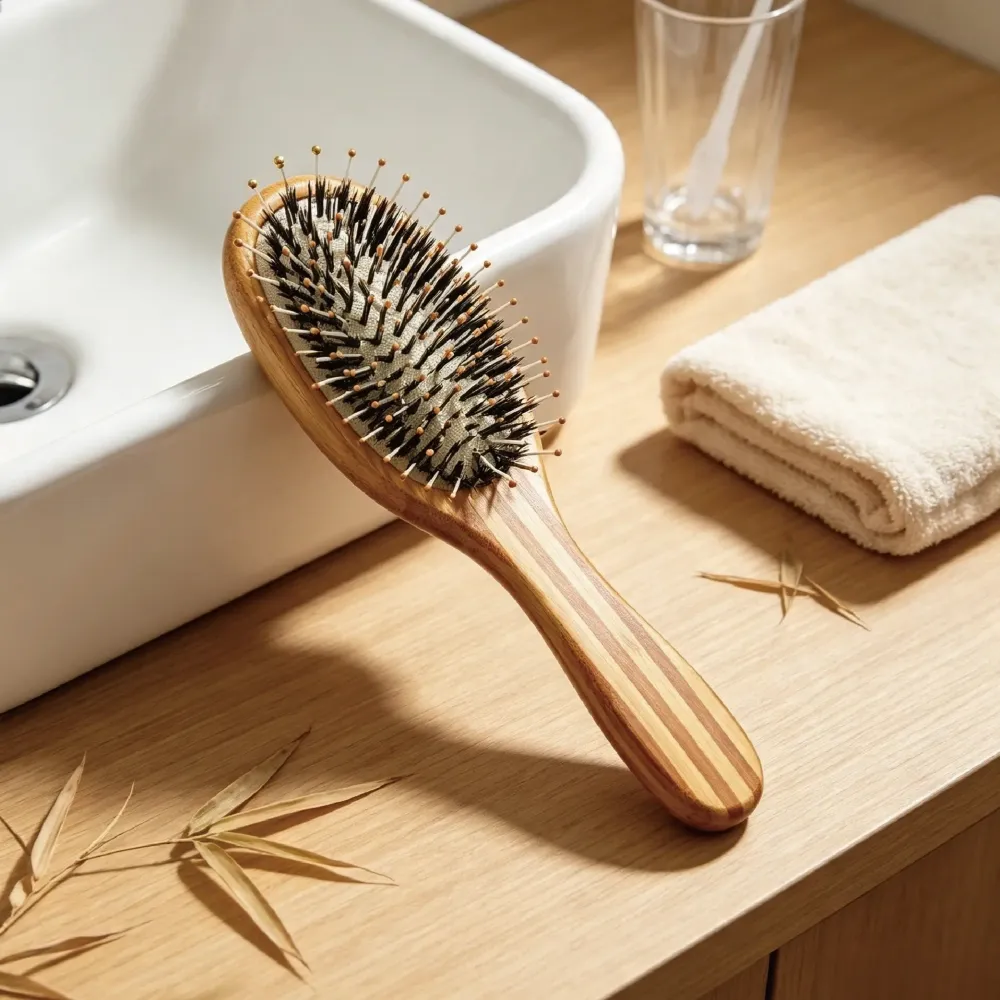 BSFL Striped Bamboo Boar Bristle Hairbrush with Nylon Pins