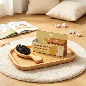 BSFL kids boar bristle hairbrush front view showing boar bristles and black ball tipped pins