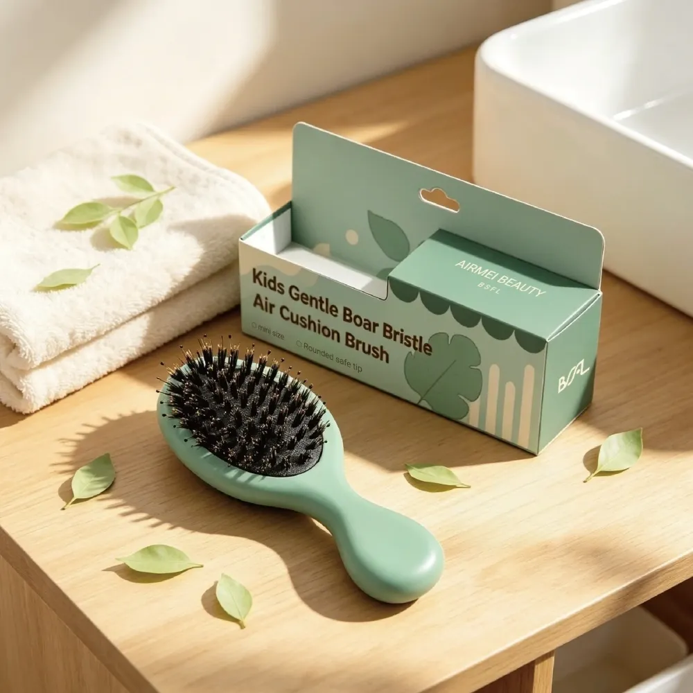 BSFL Mini Boar Bristle Cushion Hairbrush Sage Green Beech Wood
