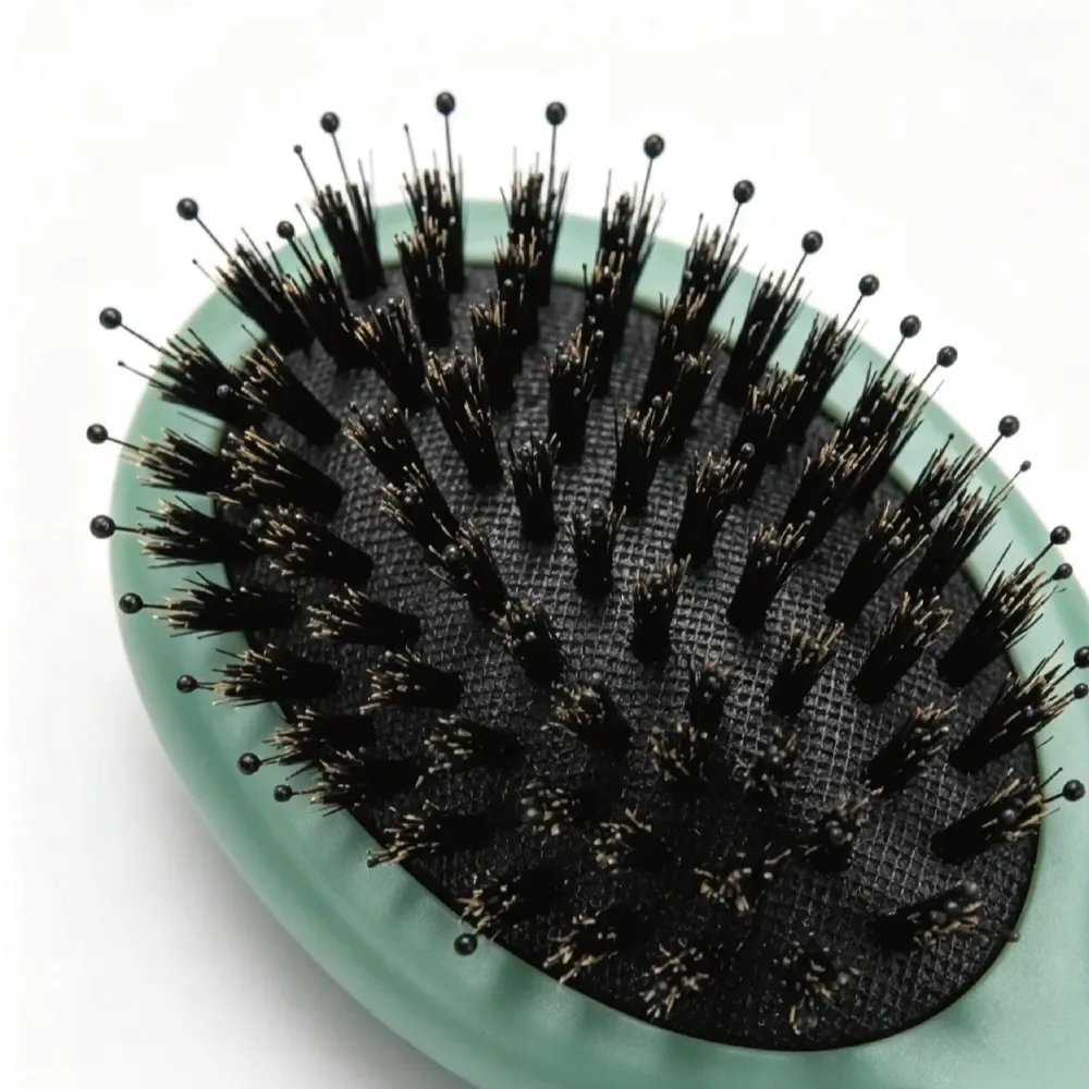 BSFL Mini Boar Bristle Cushion Hairbrush Sage Green Beech Wood