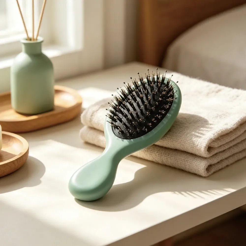 BSFL Mini Boar Bristle Cushion Hairbrush Sage Green Beech Wood