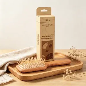 BSFL natural wooden pin hairbrush with custom kraft packaging box