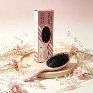 BSFL pink boar bristle hairbrush made of beech wood with matching pink retail box