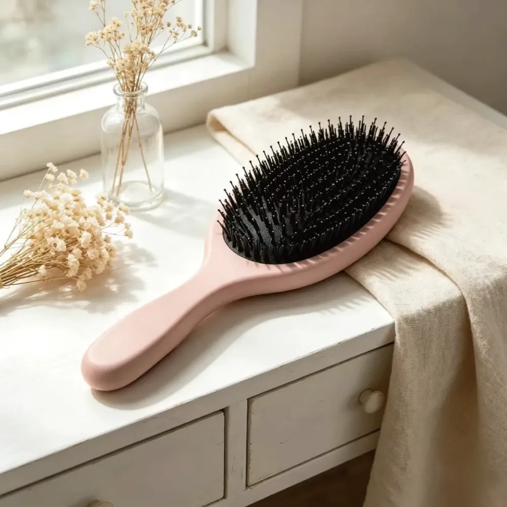 BSFL Pink Beech Wood Boar Bristle Hairbrush for Scalp Care