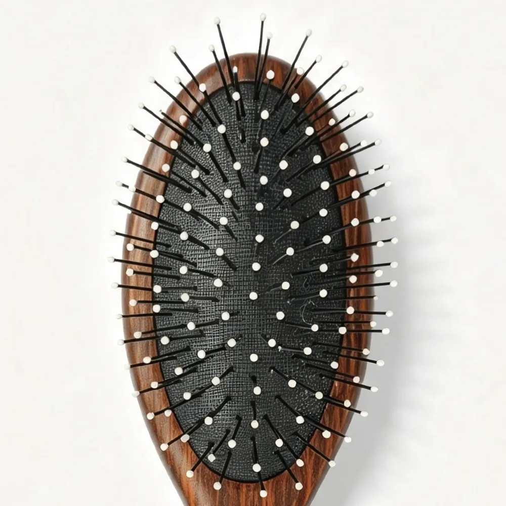 BSFL rosewood grain cushion hairbrush soft white tipped bristles close-up