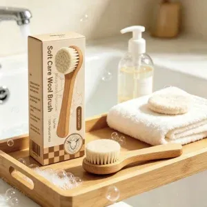 BSFL soft wool baby hairbrush with custom packaging box on wooden tray