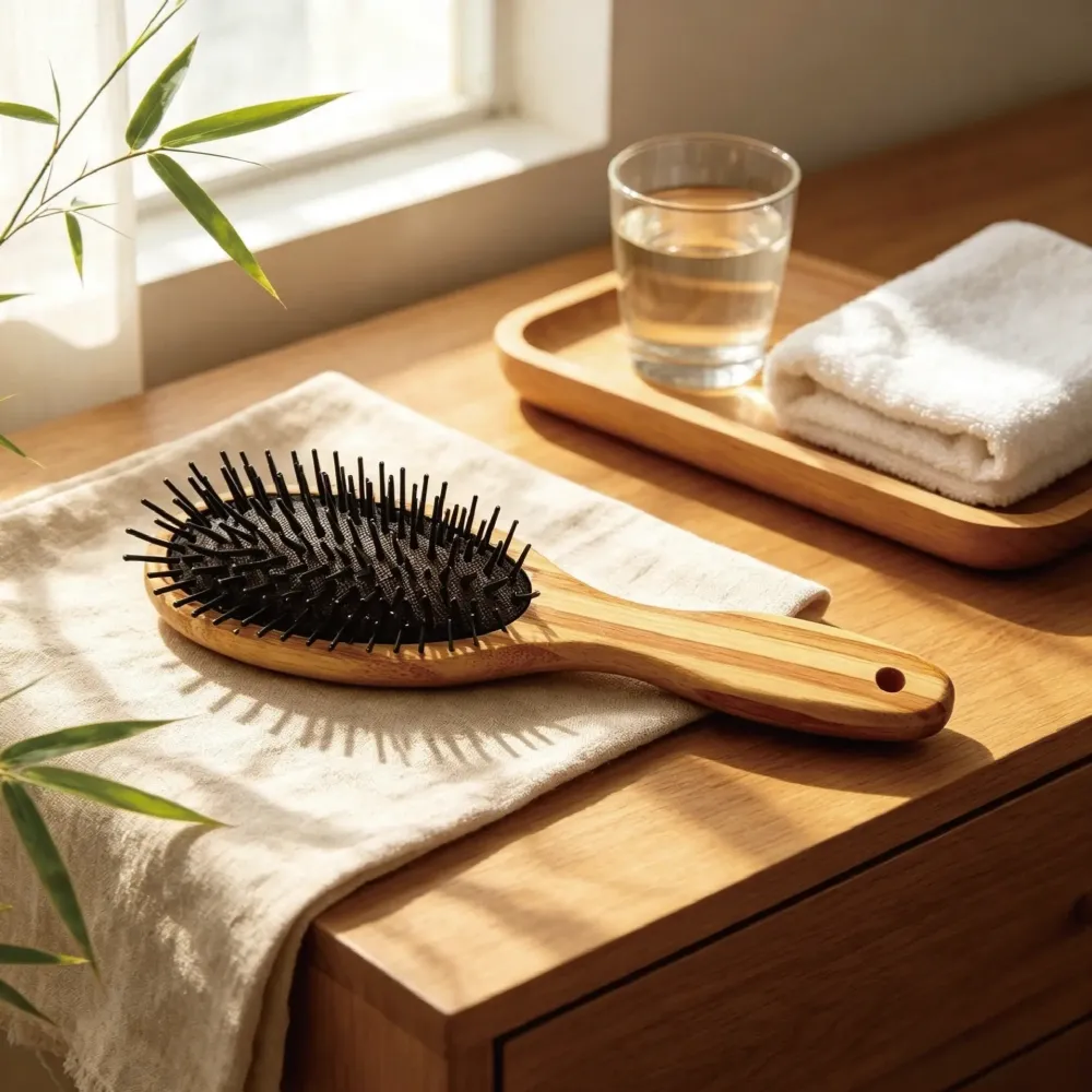 BSFL Oval Striped Bamboo Cushion Hairbrush with Nylon Pins