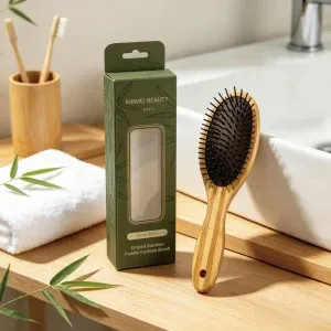 BSFL striped bamboo hairbrush standing next to custom AIRMEI BEAUTY green window retail box