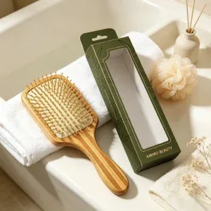 BSFL striped bamboo hairbrush with custom AIRMEI BEAUTY green window retail box