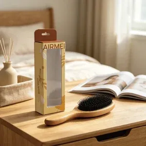 BSFL wooden boar bristle hairbrush with custom yellow retail window display packaging box