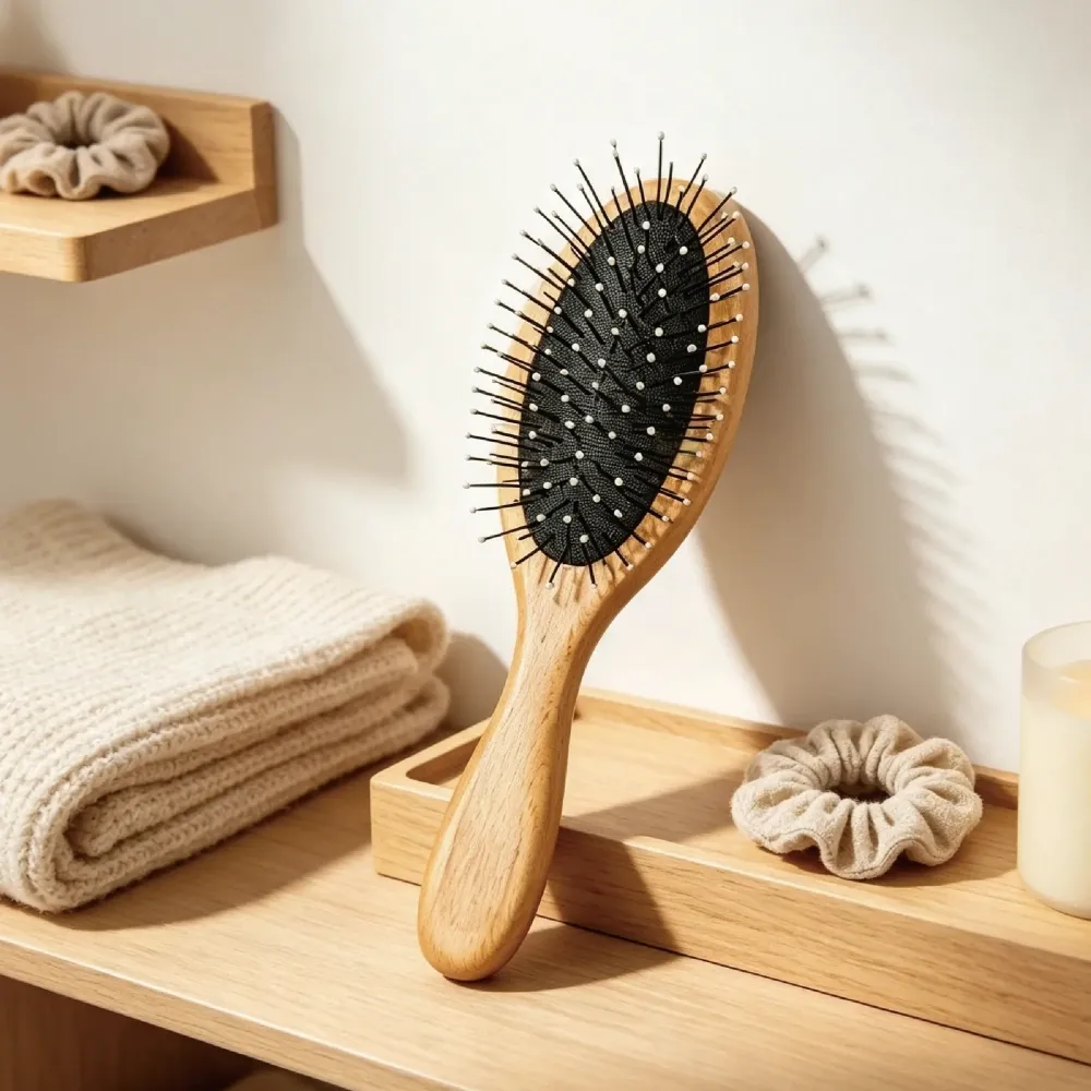 BSFL Natural Beech Wood Cushion Hairbrush with Soft White Tips