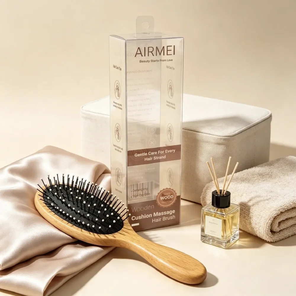 BSFL Natural Beech Wood Cushion Hairbrush with Soft White Tips