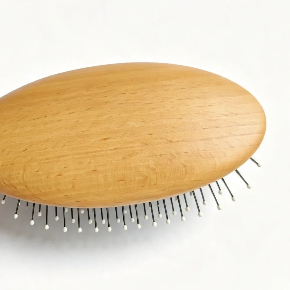 BSFL Natural Beech Wood Cushion Hairbrush with Soft White Tips